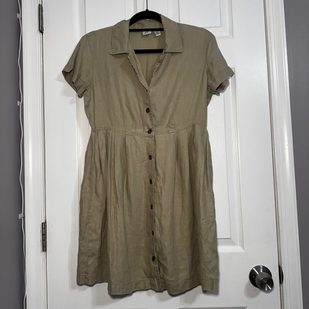 VTG Gap 100% Linen Button Shirt Dress Small Womens Khaki Tan Summer Coastal